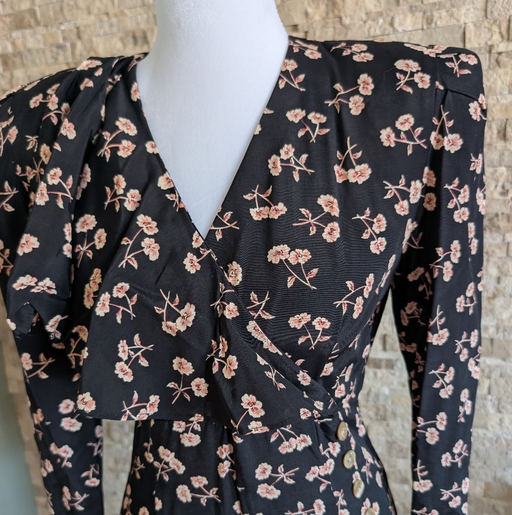 Vintage 90s Black Floral Dress Shoulder Pads Ruffle Slit Button Detail Sz 2 image 2